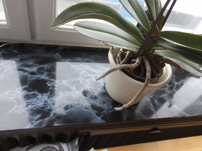 window sill covered with marbled wallpaper