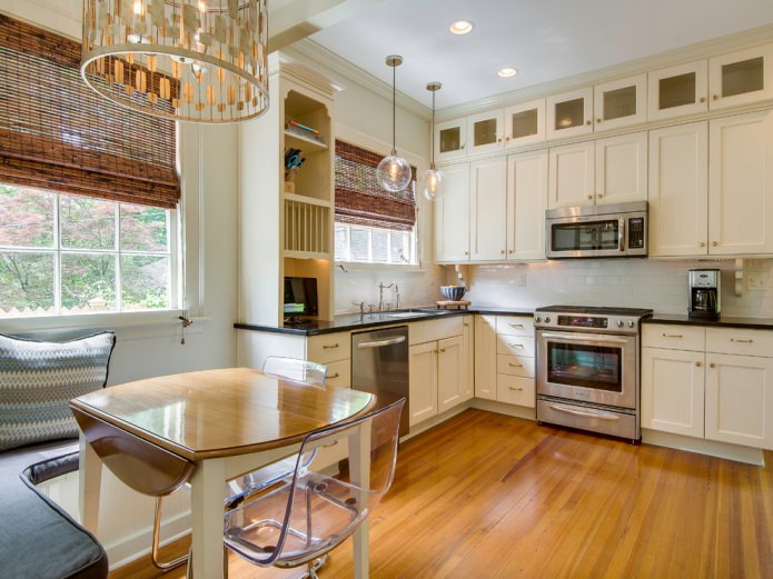 white apron and beige headset