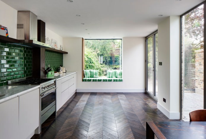 Dark parquet flooring in the kitchen