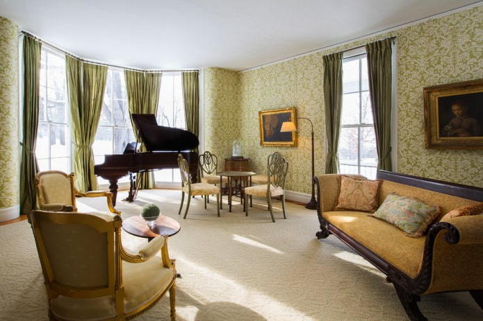 green and white wallpaper in the living room
