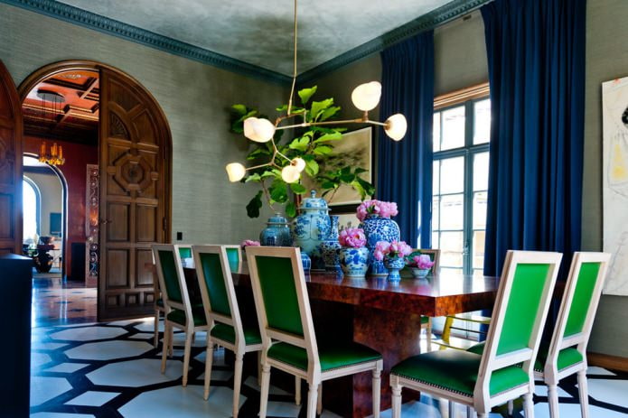 blue curtains green wallpaper