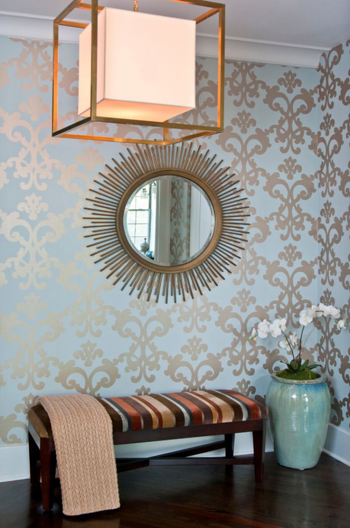 blue wallpaper with silver pattern