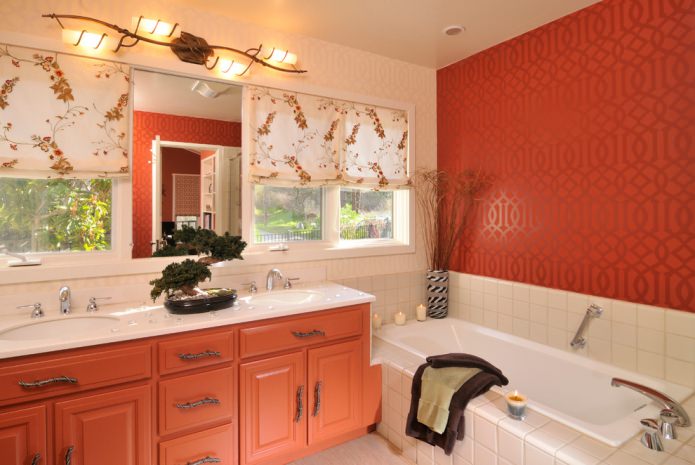Red and beige bathroom interior Red and beige bathroom interior
