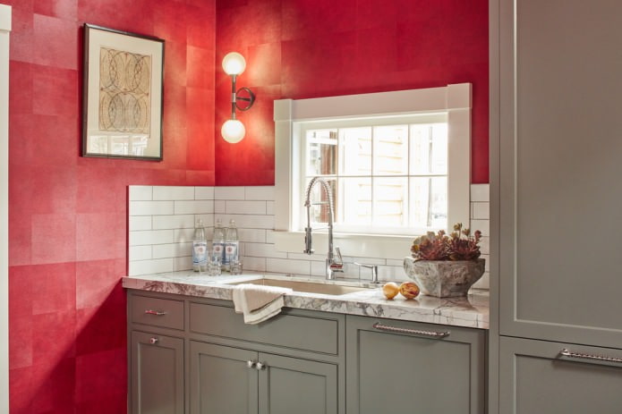 Red-gray-white kitchen interior Red-gray-white kitchen interior