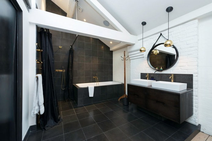black and white attic bathroom