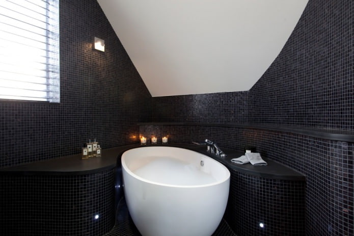black and white attic bathroom