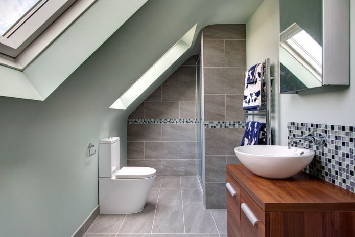 attic bathroom in gray tones