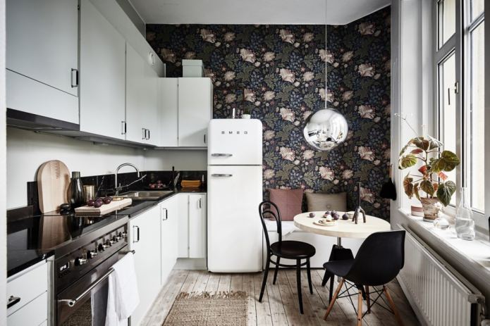 dark wallpaper with a large floral pattern in the kitchen dark wallpaper with a large floral pattern in the kitchen