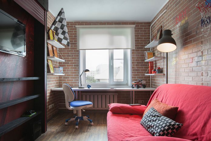 loft-style nursery interior with brick walls