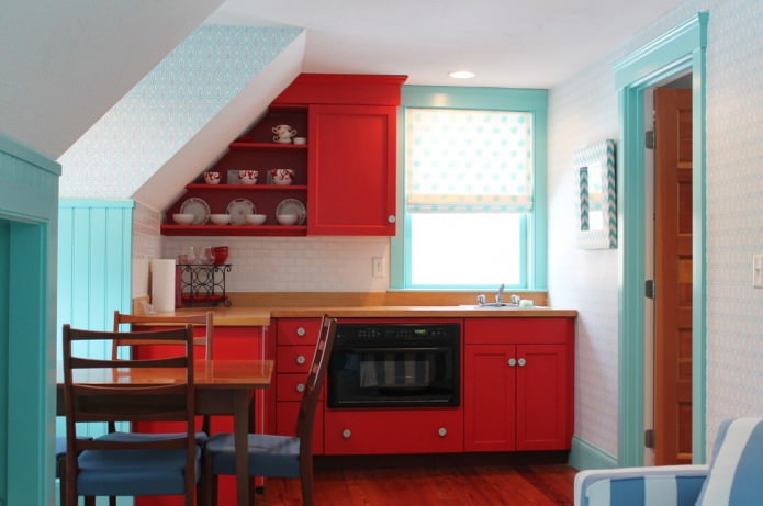 blue and white wallpaper in the kitchen with red facades blue and white wallpaper in the kitchen with red facades