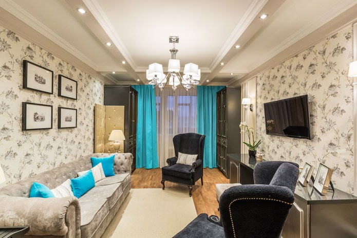 Brown room design with turquoise curtains Brown room design with turquoise curtains