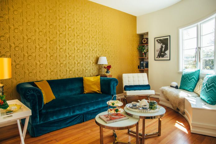 yellow wallpaper and turquoise sofa yellow wallpaper and turquoise sofa