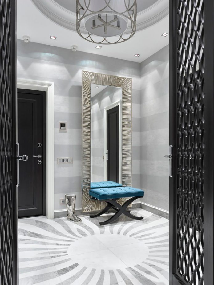 hallway interior with striped wallpaper