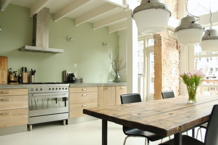 eco kitchen with olive walls and brick partition eco kitchen with olive walls and brick partition