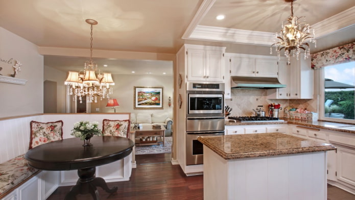 dark brown floor in the kitchen-living room