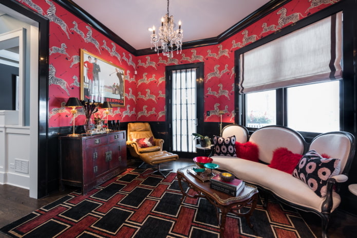 gray curtains and wallpaper in red tones gray curtains and wallpaper in red tones