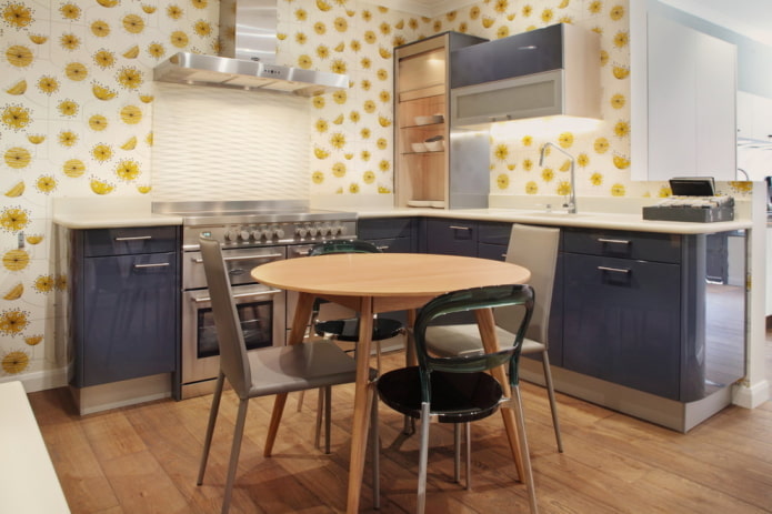wallpaper with yellow pattern in the kitchen wallpaper with yellow pattern in the kitchen