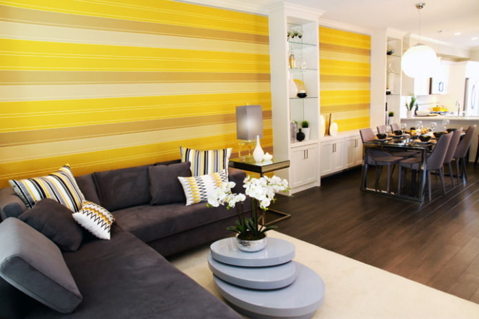 striped yellow wallpaper in living room striped yellow wallpaper in living room