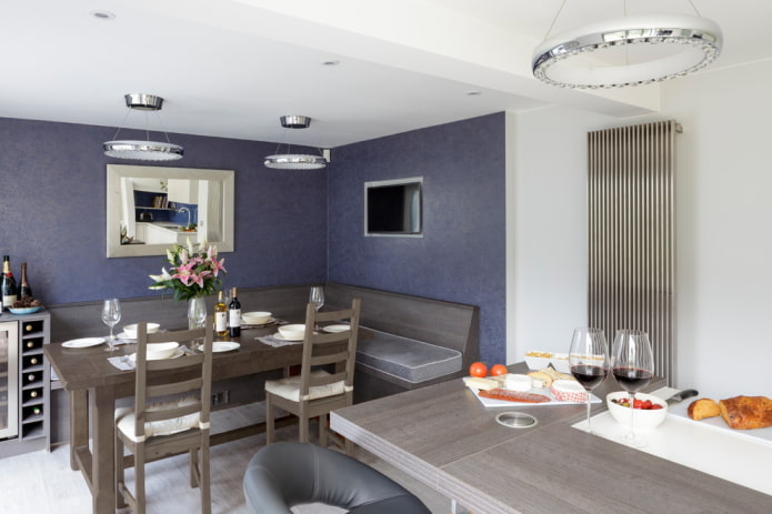 dark blue plain wallpaper in the kitchen