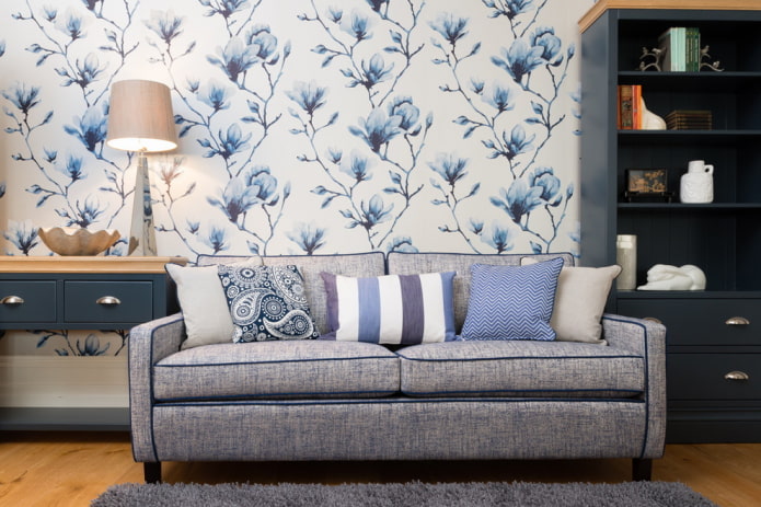 white wallpaper with blue flowers