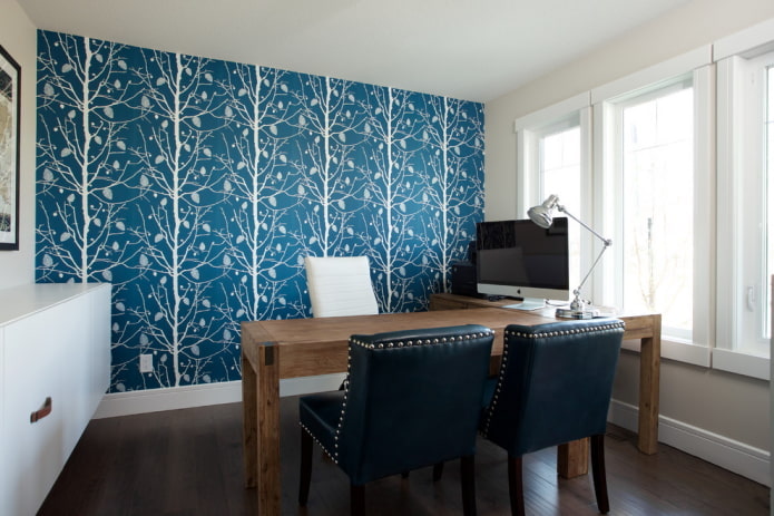 cabinet with wallpaper in blue tones