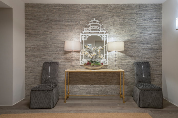 hallway with gray wallpaper