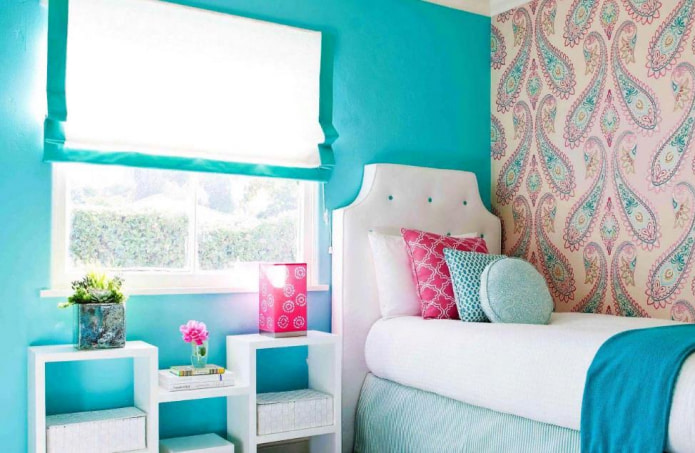 Pictured is a bedroom for a girl in delicate turquoise-pink shades Pictured is a bedroom for a girl in delicate turquoise-pink shades