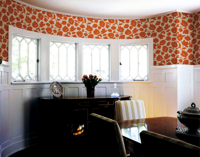white wood panels and wallpaper with ginger floral print white wood panels and wallpaper with ginger floral print