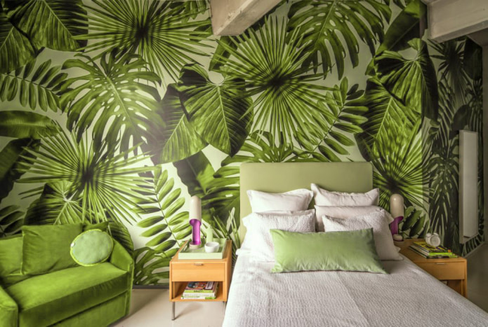 wall mural with leaves in the bedroom