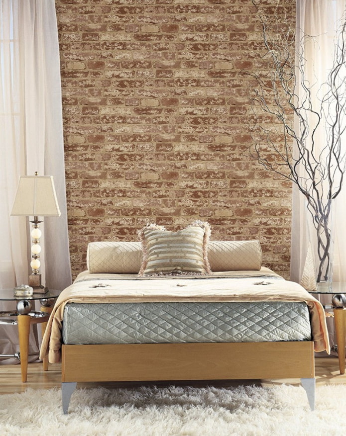 wallpaper under a stone in the interior of the bedroom