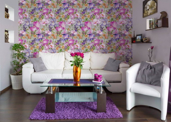 wallpaper with irises in the living room interior wallpaper with irises in the living room interior