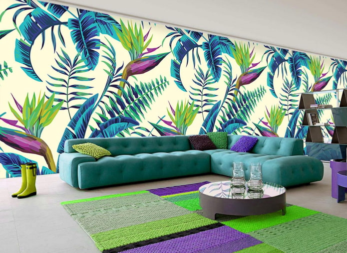 wallpaper with tropical flowers in the living room wallpaper with tropical flowers in the living room