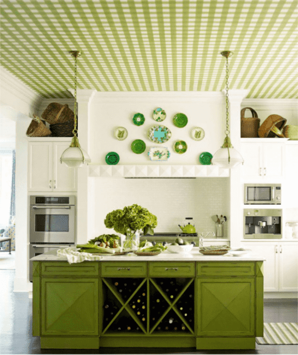 green wallpaper on the ceiling in the interior