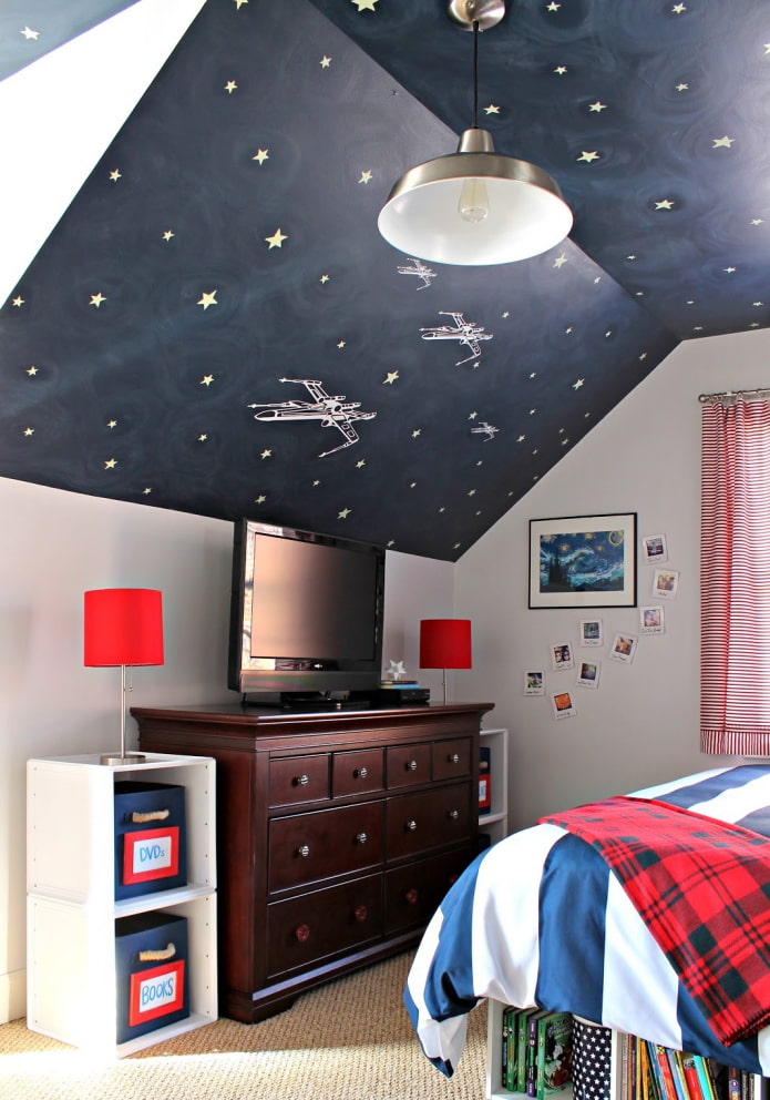 blue wallpaper on the ceiling in the nursery