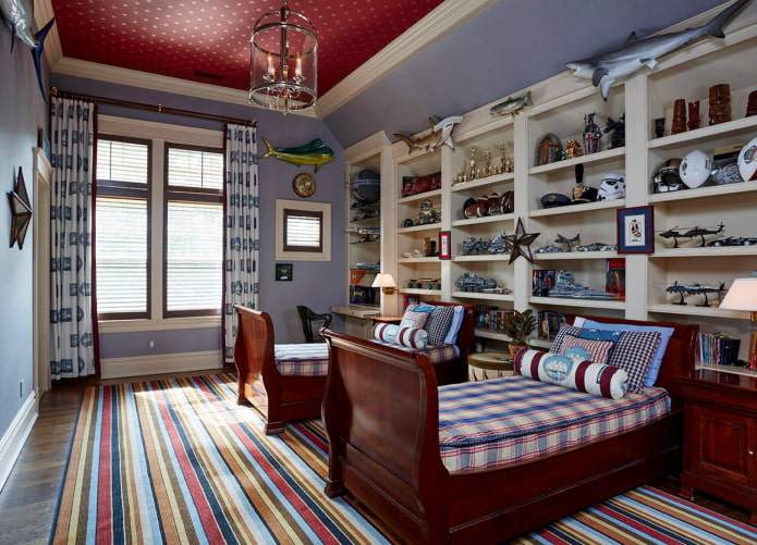 red wallpaper on the ceiling