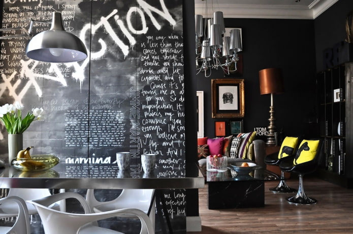 wallpaper with inscriptions in the interior of the living room