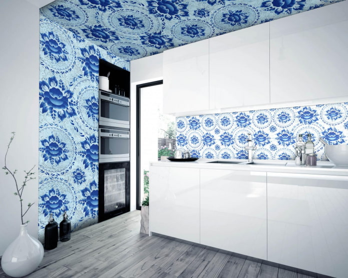 wallpaper with gzhel pattern in the interior