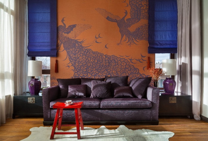 living room with orange-purple wallpaper living room with orange-purple wallpaper