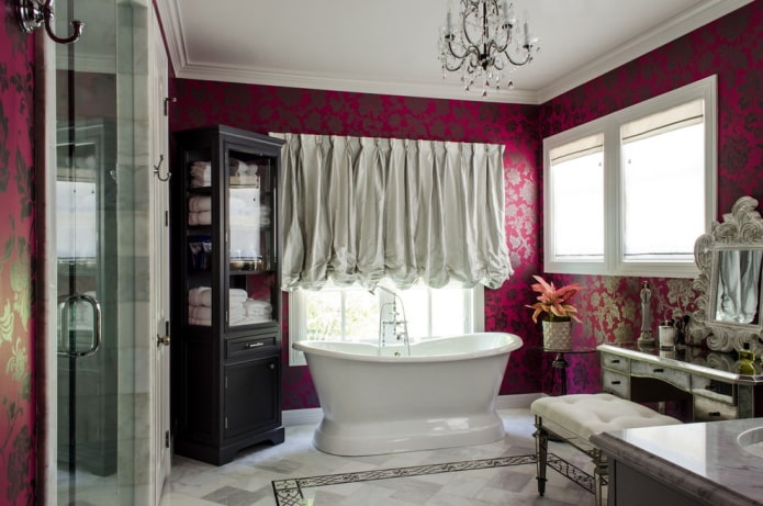 pink wallpaper and white curtains