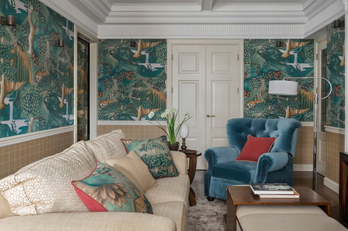 wallpaper from paper in the interior of the living room