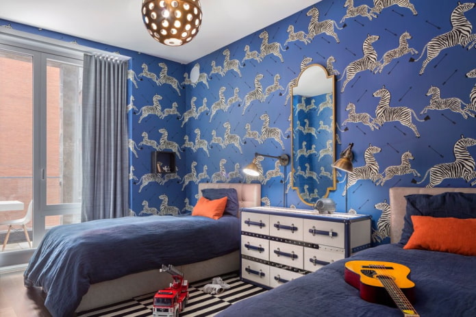 blue paper wallpaper in the interior