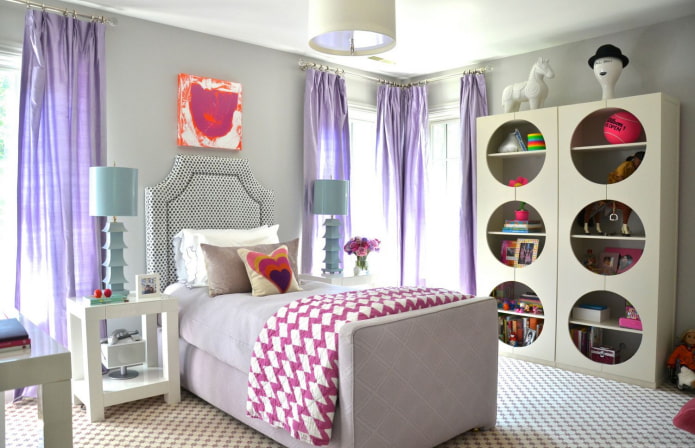 lilac curtains in the interior of the nursery