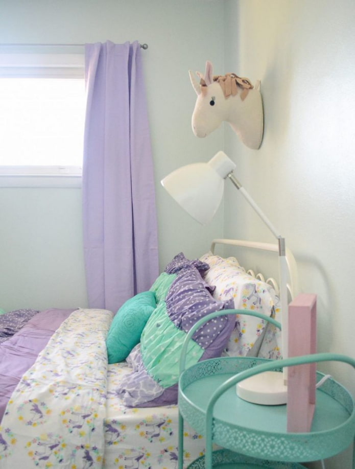 lilac curtains in the interior of the nursery