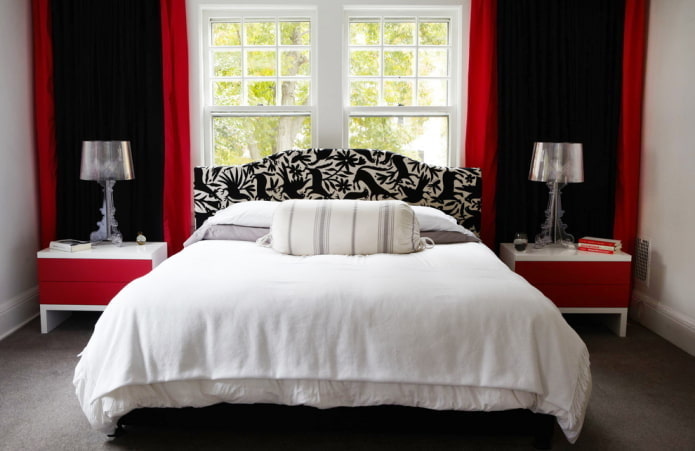 Bedroom with black and red curtains Bedroom with black and red curtains