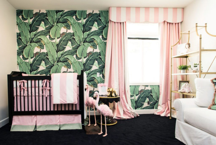 pink striped curtains in the nursery