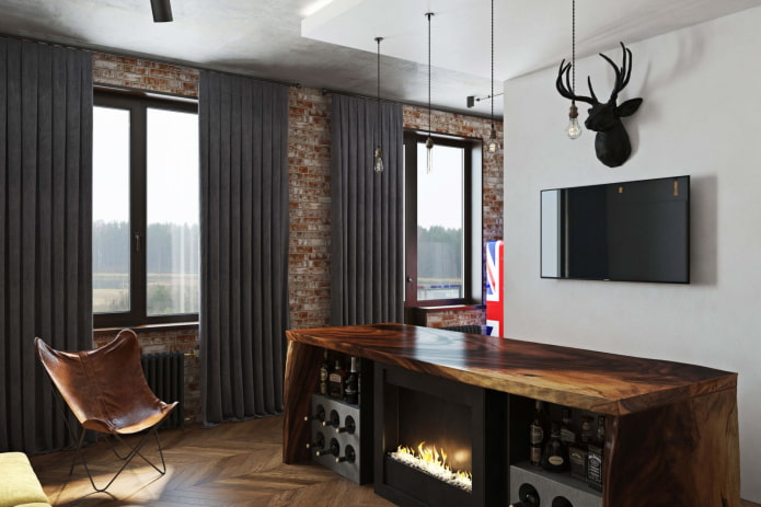 blackout curtains in a loft-style interior