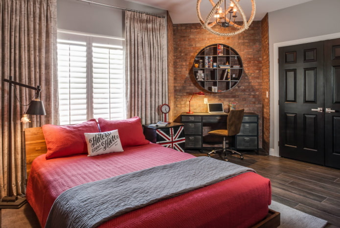 curtains on rings in loft style bedroom