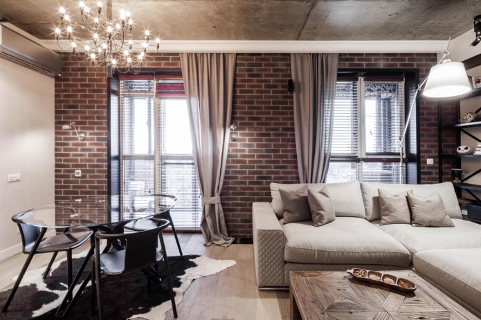 long curtains in loft style living room