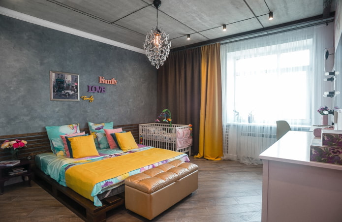 curtains on the drawstring in the bedroom in the loft style