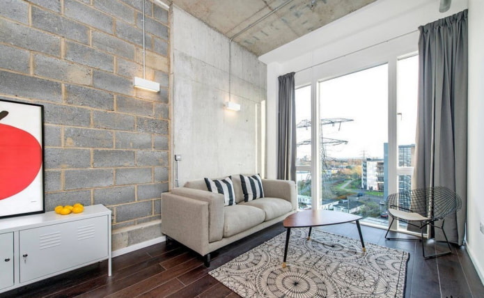 curtains on the braid in the living room in the loft style